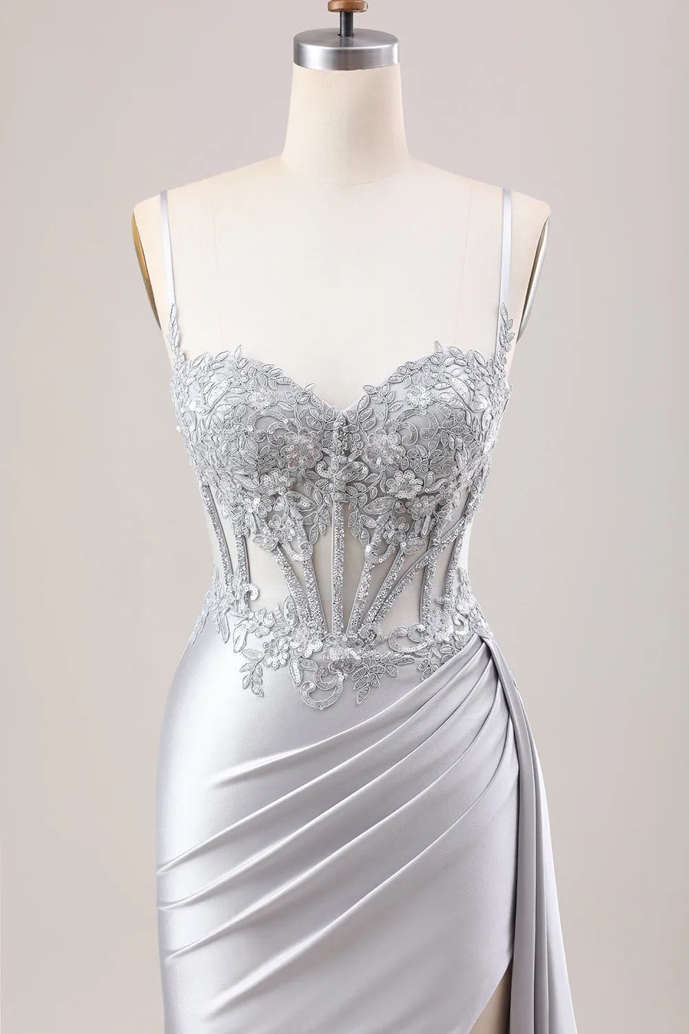 Luolandi Silver Mermaid Pleated Sheer Corset Satin Long Prom Dress With Slit Sexy Evening Dresses