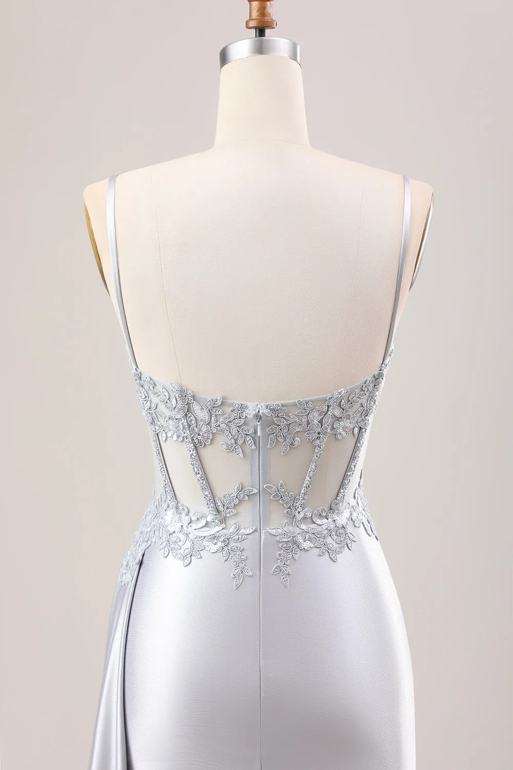 Luolandi Silver Mermaid Pleated Sheer Corset Satin Long Prom Dress With Slit Sexy Evening Dresses