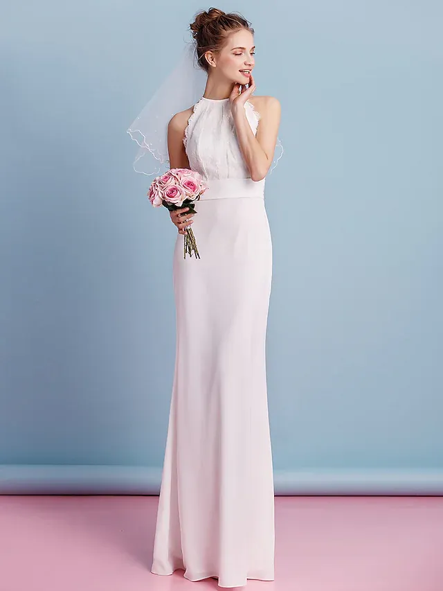 Luolandi Wedding Dresses Jewel Neck Floor Length Chiffon Lace Regular Straps Floral Lace with Lace Sash