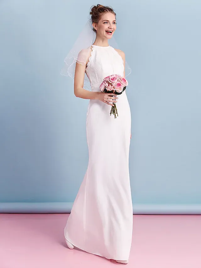 Luolandi Wedding Dresses Jewel Neck Floor Length Chiffon Lace Regular Straps Floral Lace with Lace Sash