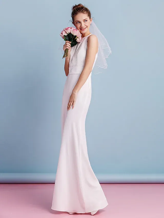 Luolandi Wedding Dresses Jewel Neck Floor Length Chiffon Lace Regular Straps Floral Lace with Lace Sash