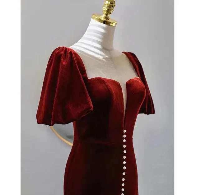 Luolandi Wine Red Velvet Long Round Neckline Party Dress Prom Dresses Short Sleeves Elegant Evening Dress