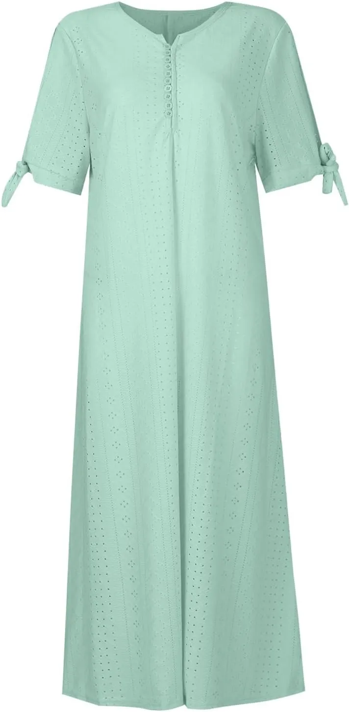 Maxi Dresses for Women 2025 Boho Short Sleeve Eyelet Tshirt Dress Casual Summer Beach Vacation Long Dresses
