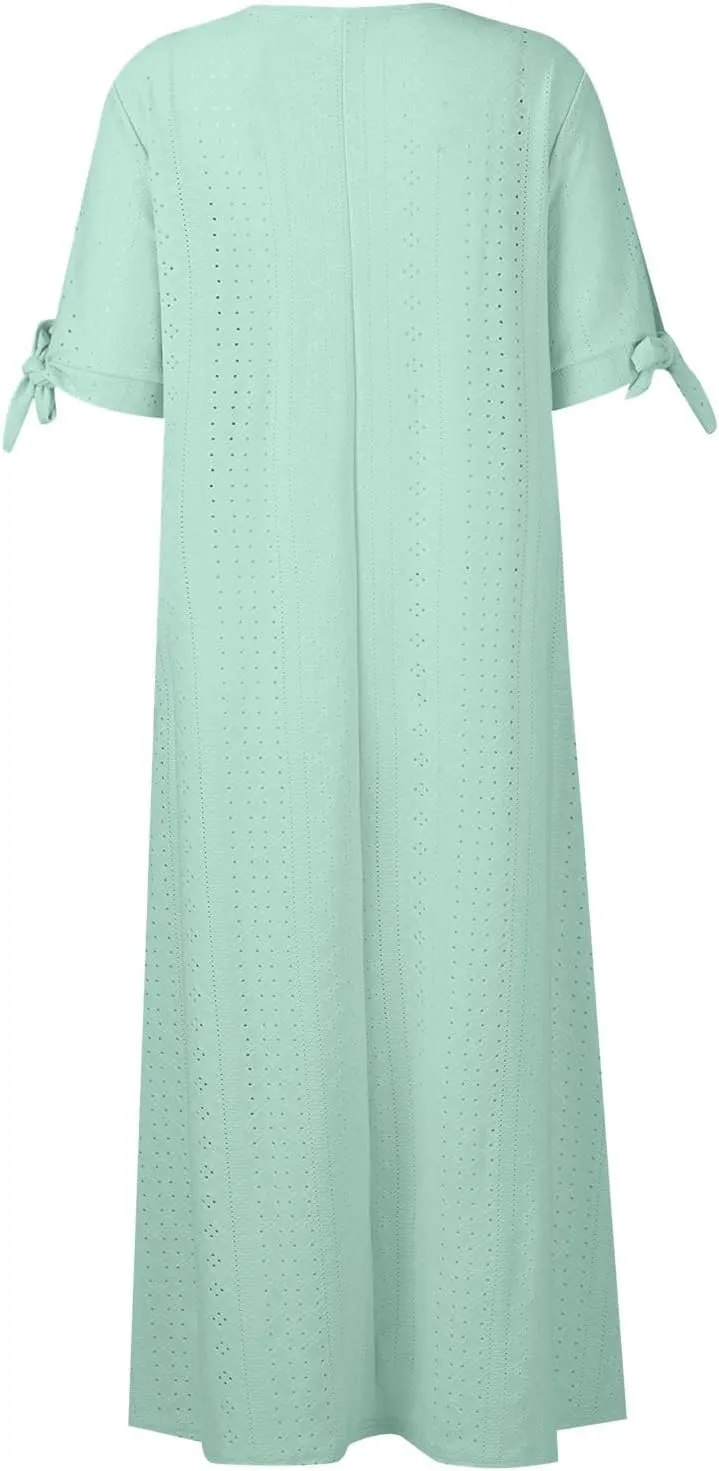 Maxi Dresses for Women 2025 Boho Short Sleeve Eyelet Tshirt Dress Casual Summer Beach Vacation Long Dresses