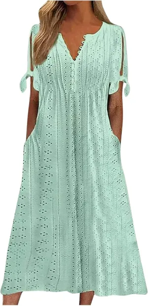 Maxi Dresses for Women 2025 Boho Short Sleeve Eyelet Tshirt Dress Casual Summer Beach Vacation Long Dresses