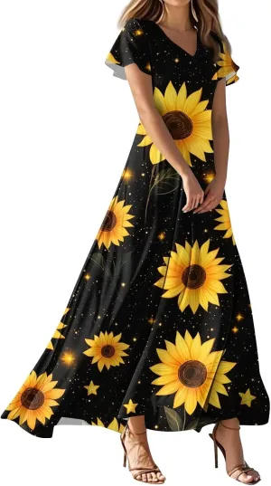 Maxi Dresses for Women,2025 Summer Trendy Floral Boho Dress,Casual V Neck Short Sleeve Chiffon Flowy Beach Dress