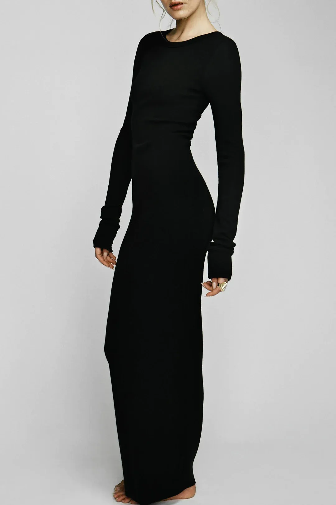 Maxi Long Sleeve Crewneck Dress in Black