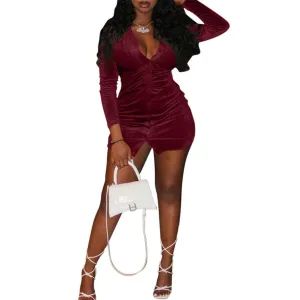 MB FASHION Velvet Long Sleeve Bodycon Mini Dress with Ruched Detail 6002R