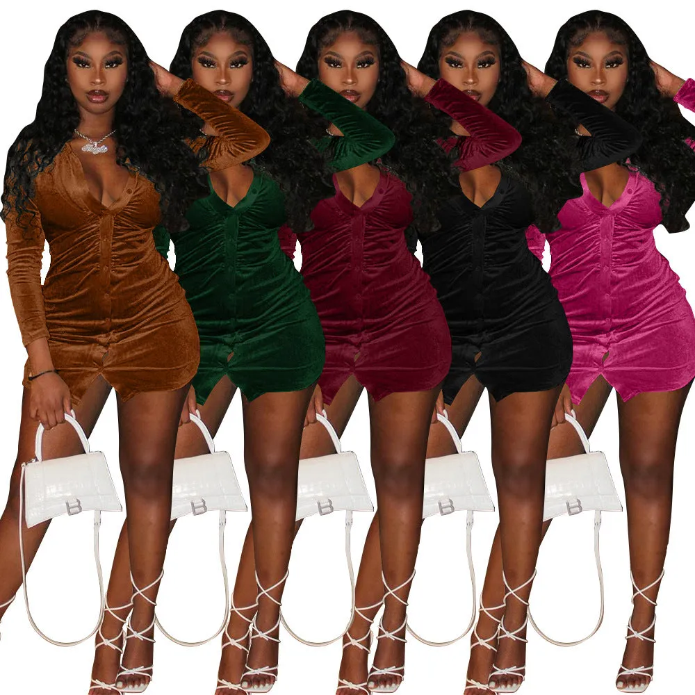 MB FASHION Velvet Long Sleeve Bodycon Mini Dress with Ruched Detail 6002R