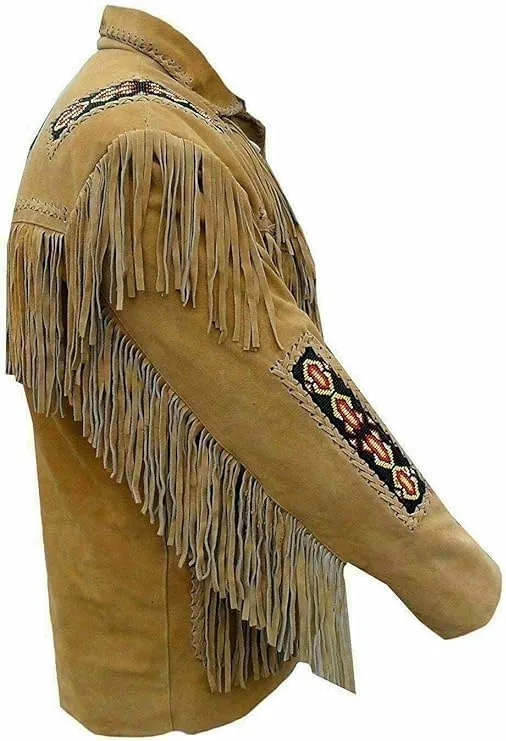 Men's Leather Mountain Man Jacket, Native American Style, Beaded Buckskin Warshirt with Fringe