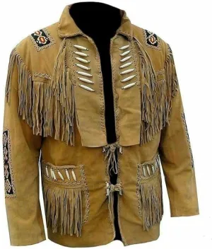 Men's Leather Mountain Man Jacket, Native American Style, Beaded Buckskin Warshirt with Fringe