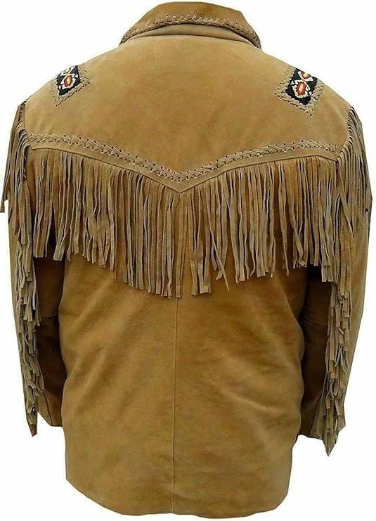Men's Leather Mountain Man Jacket, Native American Style, Beaded Buckskin Warshirt with Fringe