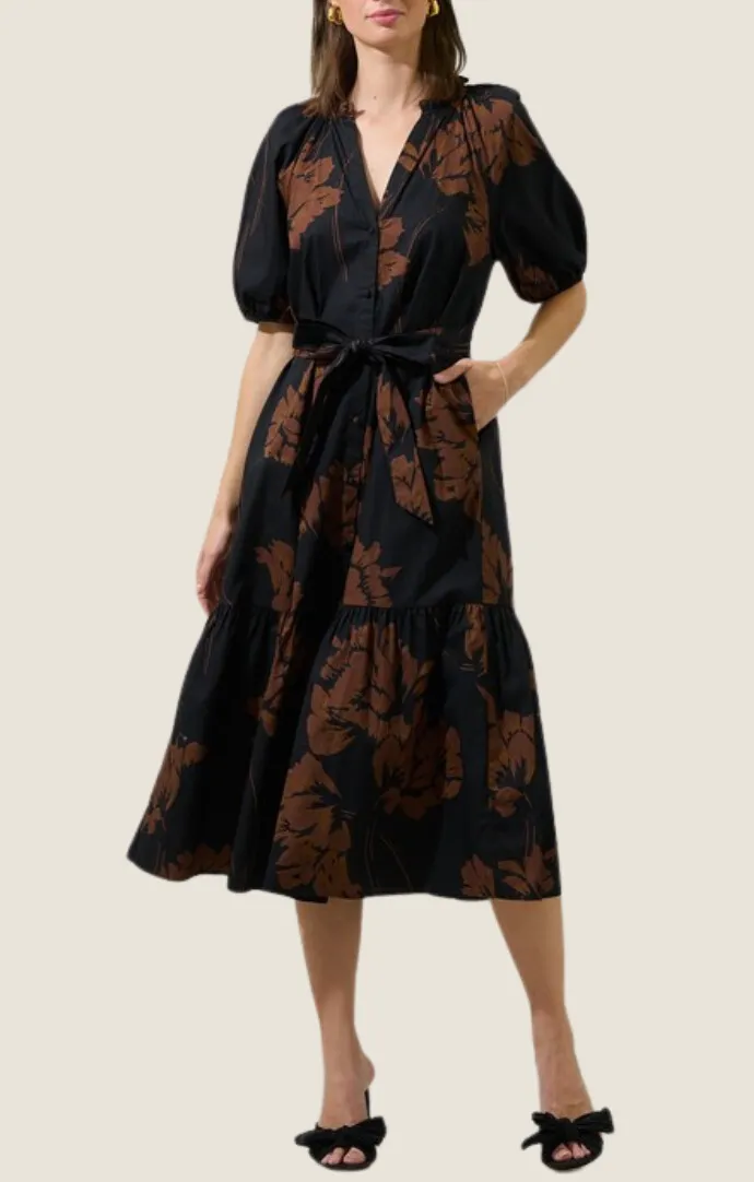 Mina Black Floral Midi Dress