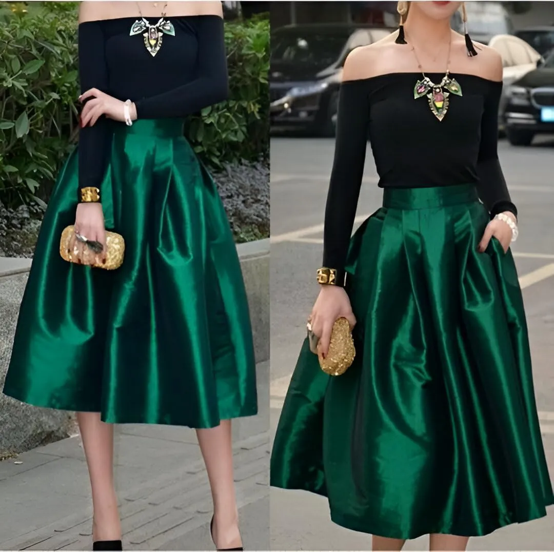 Modern Women Handmade Emerald Green Taffeta Midi Pleated Skirt with One Pocket Any Wear Special Gift For Her
