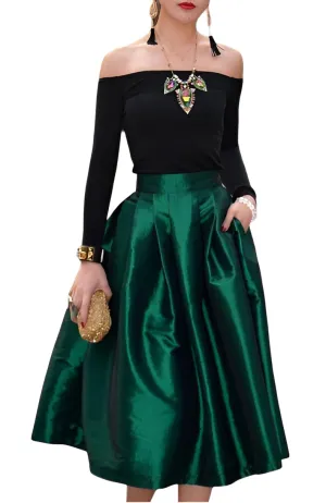 Modern Women Handmade Emerald Green Taffeta Midi Pleated Skirt with One Pocket Any Wear Special Gift For Her