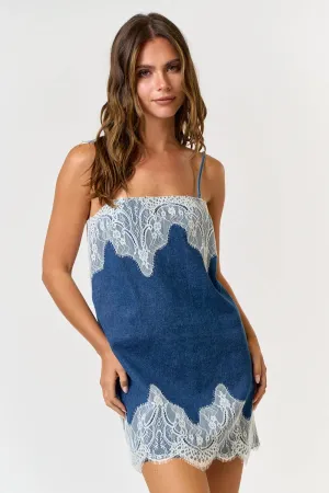 Modish Rustic Lace Detail Denim Mini Dress