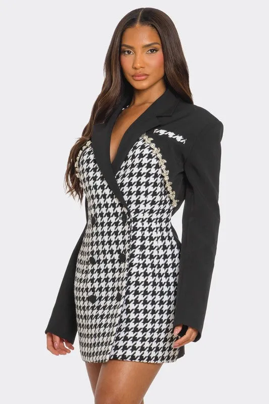 Monochrome Glam Houndstooth Blazer Mini Dress