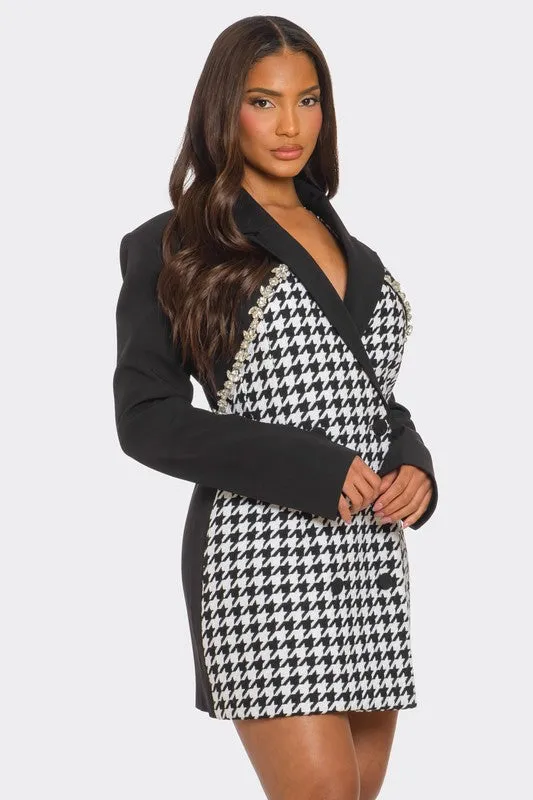 Monochrome Glam Houndstooth Blazer Mini Dress
