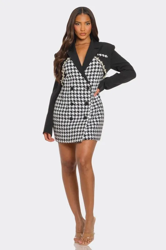 Monochrome Glam Houndstooth Blazer Mini Dress