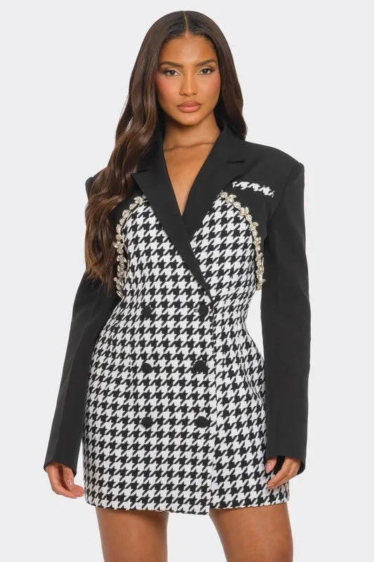 Monochrome Glam Houndstooth Blazer Mini Dress