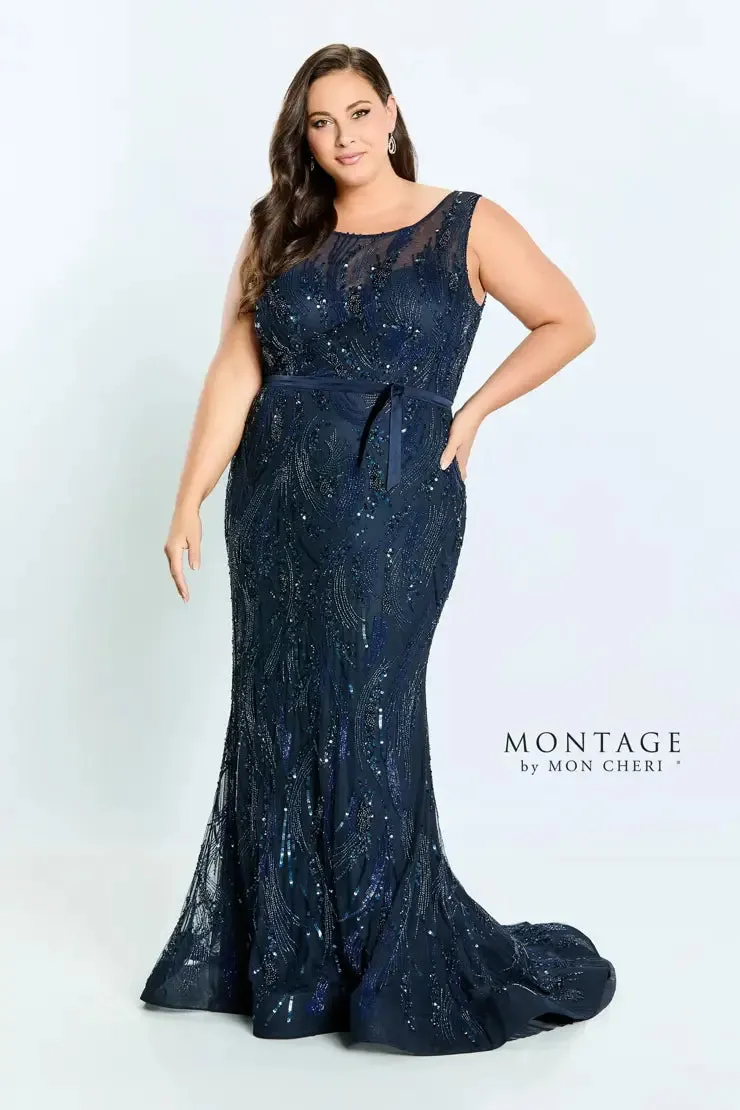 Montage 221965 Scoop Neck Fit & Flare Sequin Gown With Belt