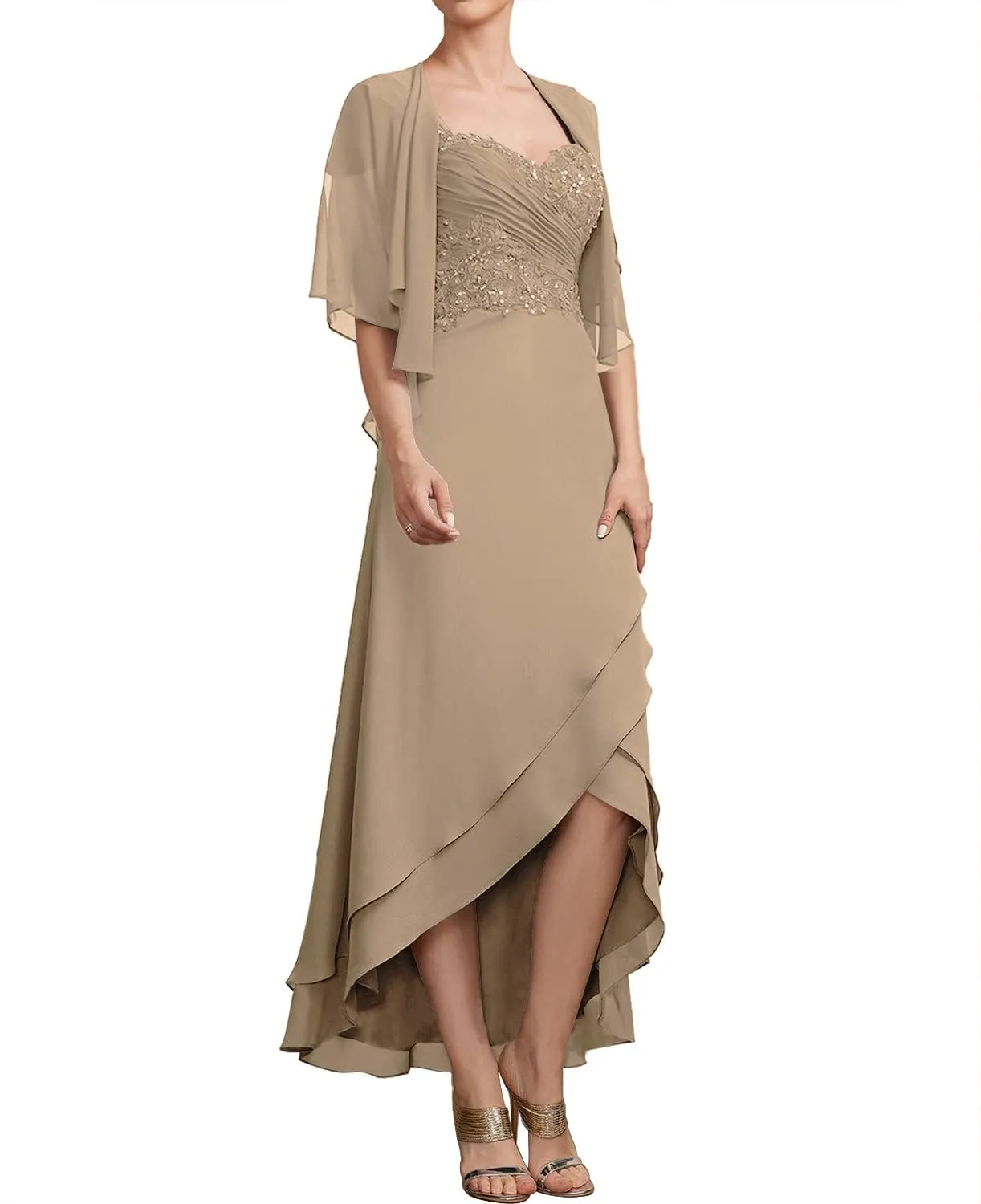Mother of The Bride Dress with Jacket Lace Formal Evening Gown High Low Chiffon Evening Dress with Short Sleeves