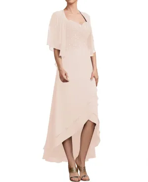Mother of The Bride Dress with Jacket Lace Formal Evening Gown High Low Chiffon Evening Dress with Short Sleeves