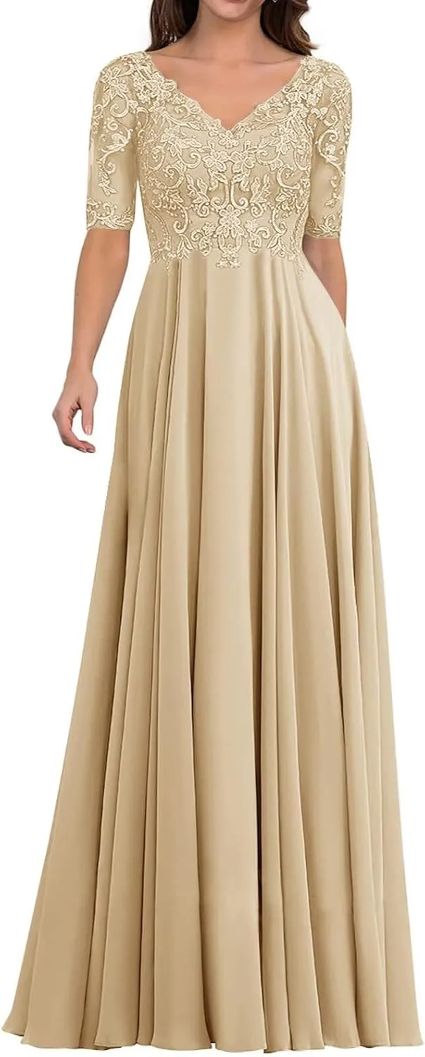 Mother of The Bride Dresses for Wedding - Lace Wedding Guest Dress Long Chiffon Evening Gowns Half Sleeve