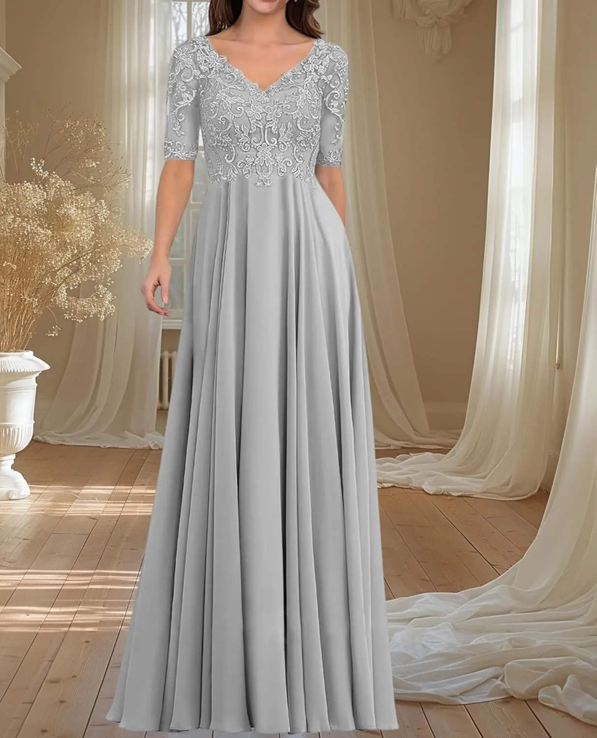 Mother of The Bride Dresses for Wedding - Lace Wedding Guest Dress Long Chiffon Evening Gowns Half Sleeve