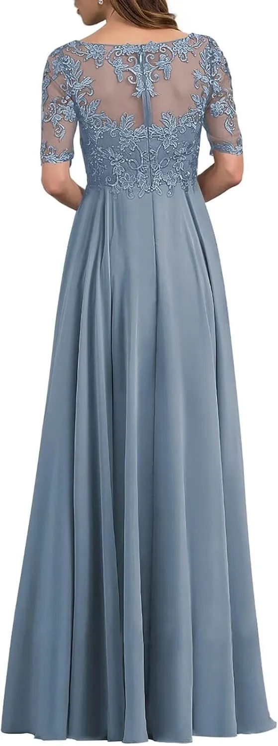 Mother of The Bride Dresses for Wedding - Lace Wedding Guest Dress Long Chiffon Evening Gowns Half Sleeve