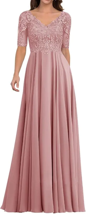 Mother of The Bride Dresses for Wedding - Lace Wedding Guest Dress Long Chiffon Evening Gowns Half Sleeve
