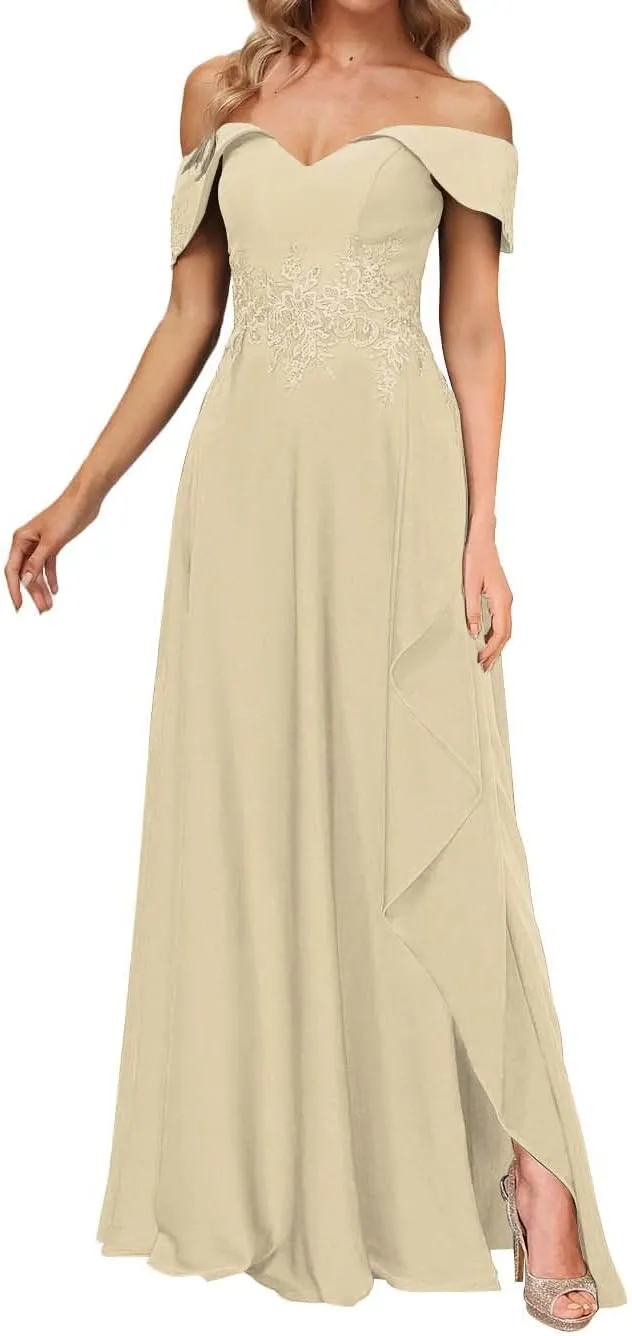 Mother of The Bride Dresses Lace Off The Shoulder Evening Gowns Long Chiffon Wedding Guest Dresses Ruffle