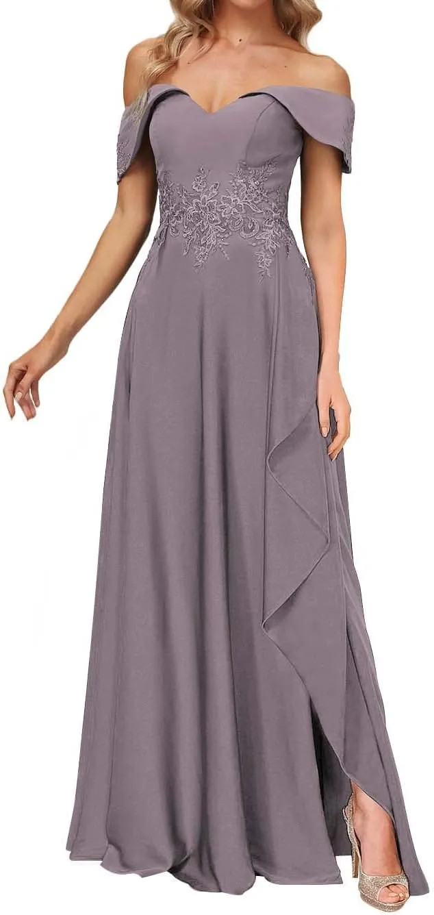 Mother of The Bride Dresses Lace Off The Shoulder Evening Gowns Long Chiffon Wedding Guest Dresses Ruffle