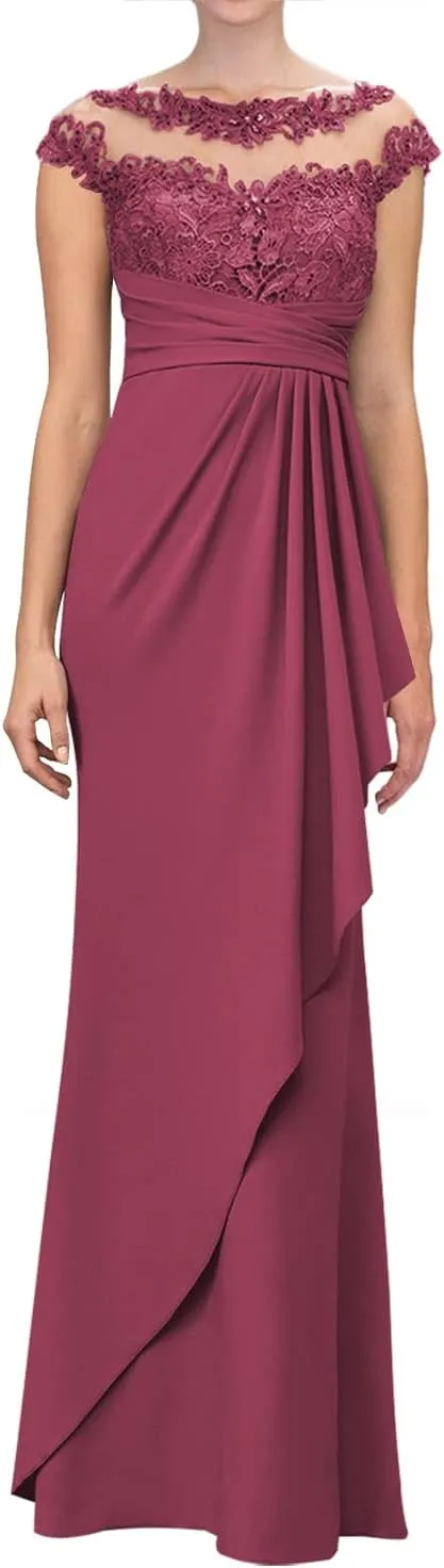 Mother of The Bride Dresses Lace Pleated Evening Gowns Long Chiffon Wedding Guest Dresses for Women Short Sleeve