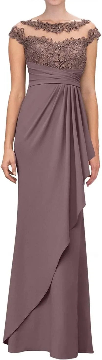 Mother of The Bride Dresses Lace Pleated Evening Gowns Long Chiffon Wedding Guest Dresses for Women Short Sleeve