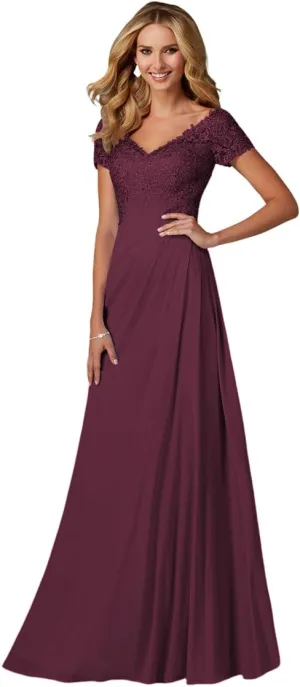 Mother of The Bride Dresses Long Laces Appliques V-Neck Cap Sleeve Pleat Formal Evening Gowns