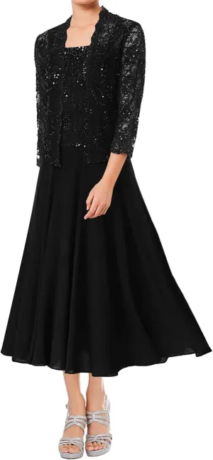 Mother of The Bride Dresses Tea Length Grandmother of The Bride Dress Beaded Wedding Guest Groom Dress Lace Jacket