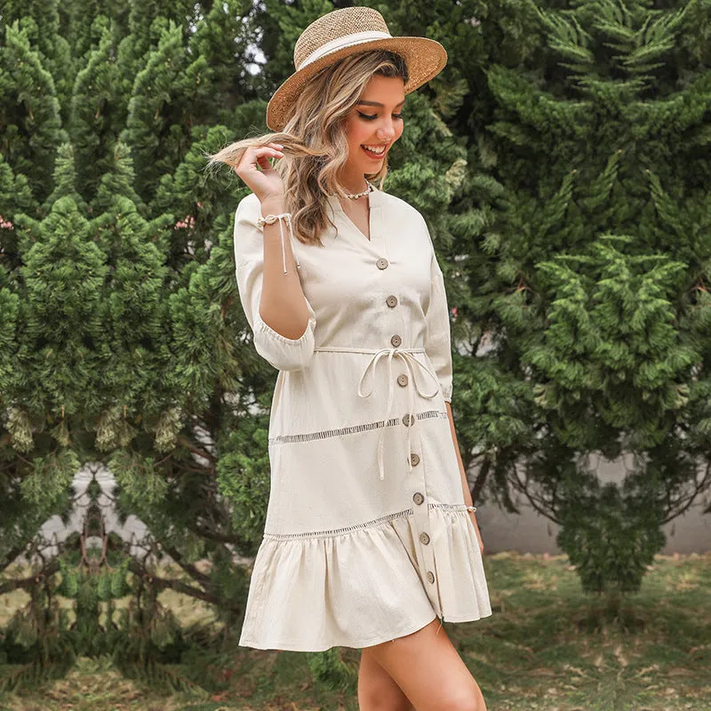 New Stylish Short Solid Color Cotton Linen Dress