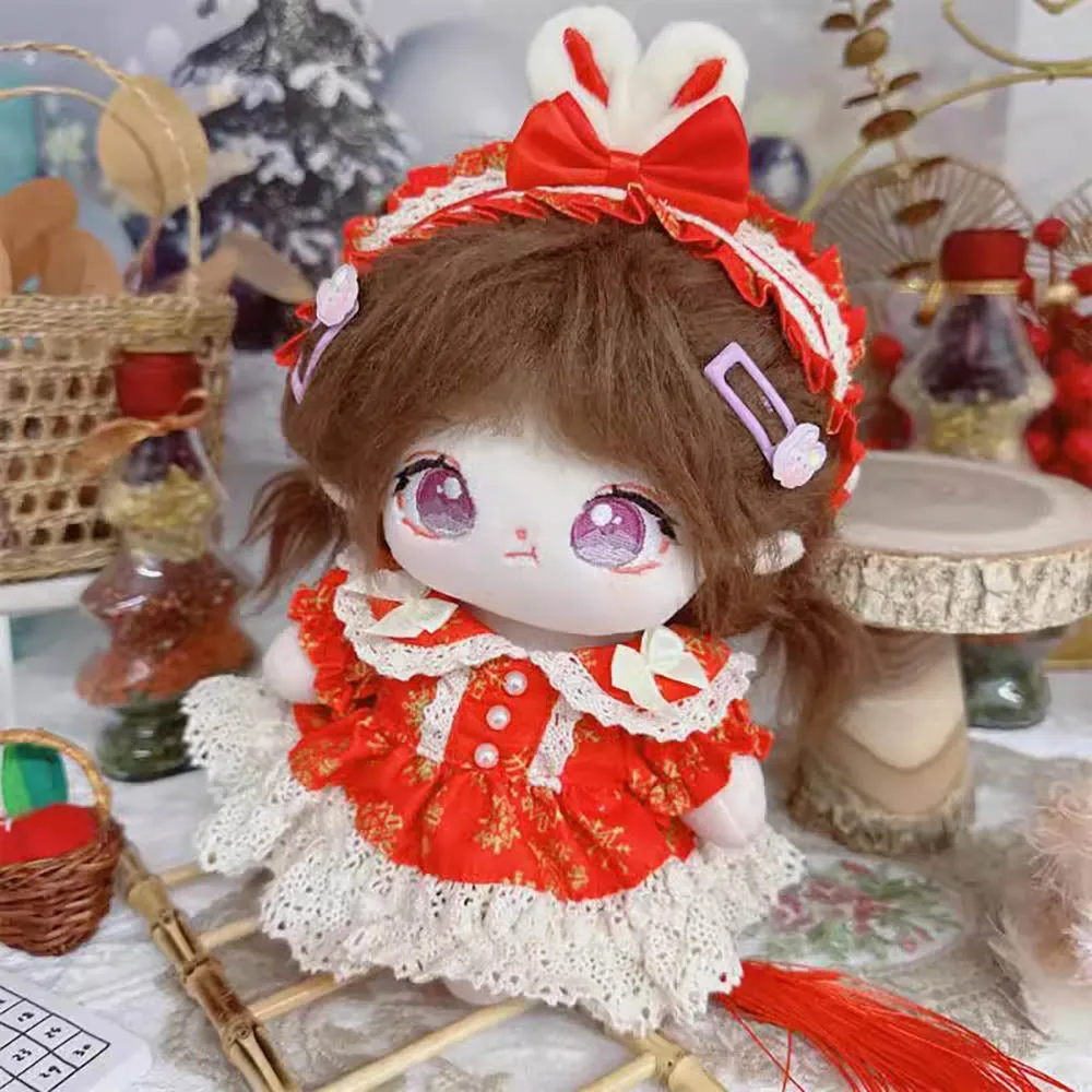 niannyyhouse 20cm Plush Doll Clothes Headdress Dresses Big Red Snowflake Outfit 8in Doll Dress Up
