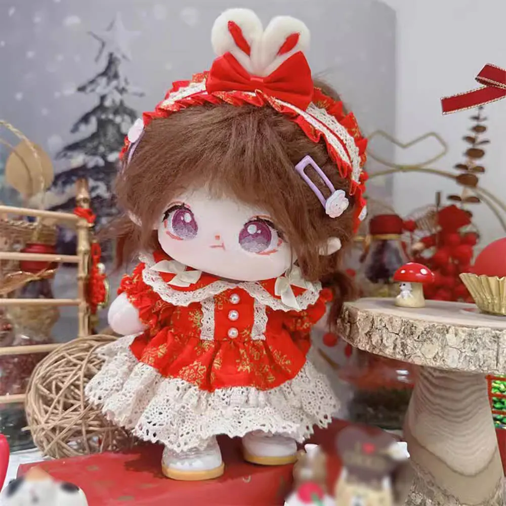 niannyyhouse 20cm Plush Doll Clothes Headdress Dresses Big Red Snowflake Outfit 8in Doll Dress Up