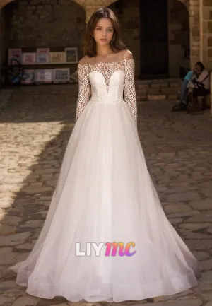 Off-Shoulder Long Sleeves Lace Appliques Ball Gown Wedding Dress