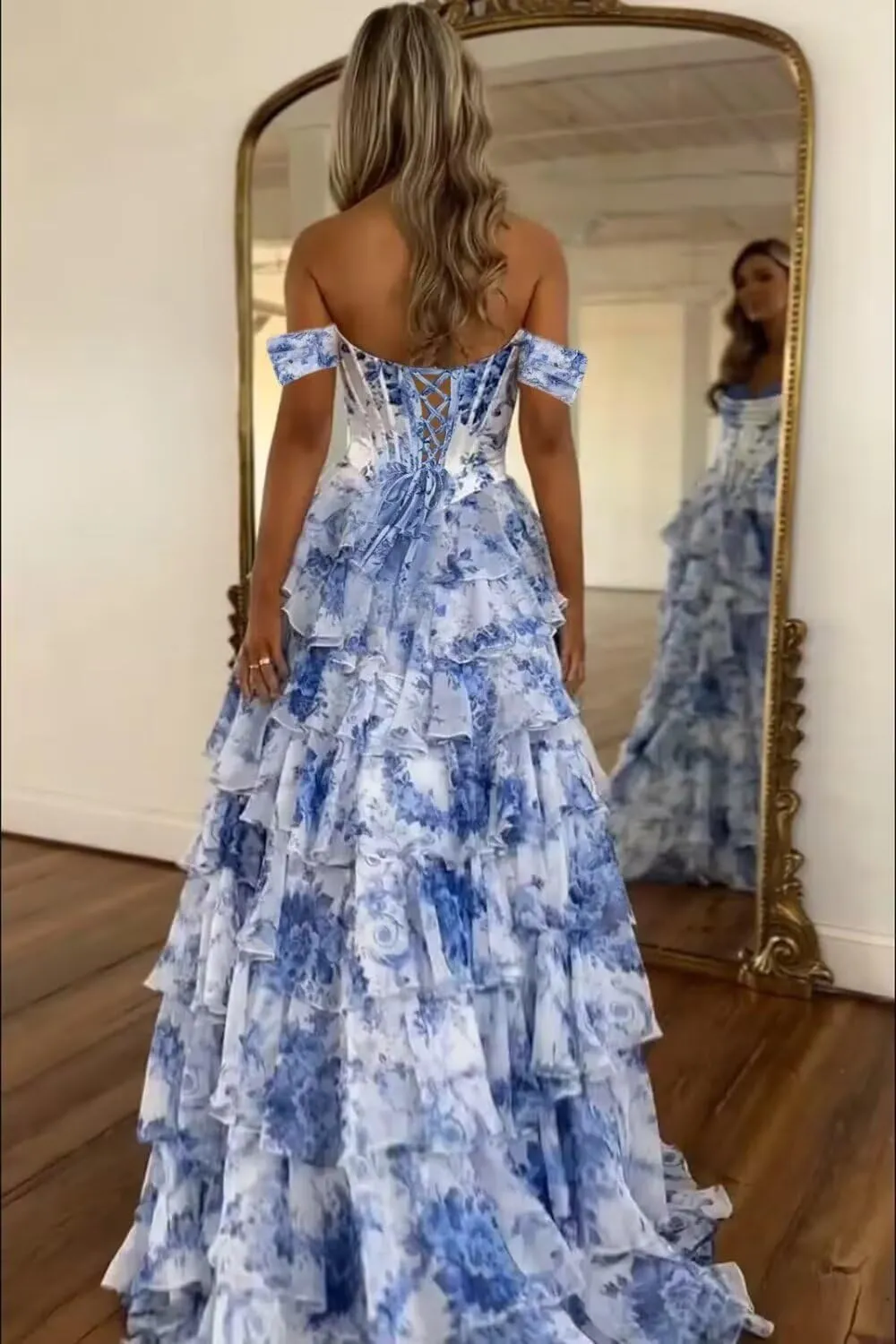 Off Shoulder Prom Dress Tiered Chiffon Floral Print Formal Gowns Long Evening Party Dresses with Pockets