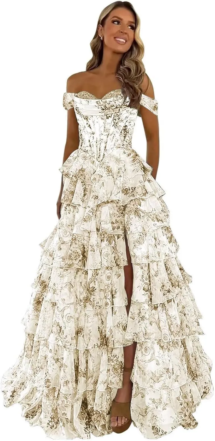 Off Shoulder Prom Dress Tiered Chiffon Floral Print Formal Gowns Long Evening Party Dresses with Pockets