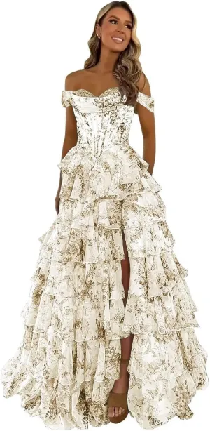 Off Shoulder Prom Dress Tiered Chiffon Floral Print Formal Gowns Long Evening Party Dresses with Pockets