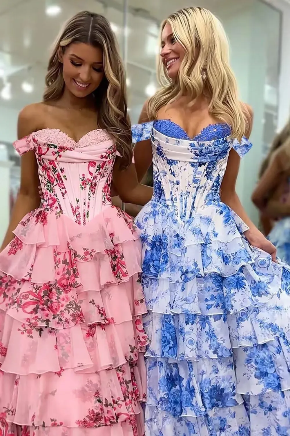 Off Shoulder Prom Dress Tiered Chiffon Floral Print Formal Gowns Long Evening Party Dresses with Pockets