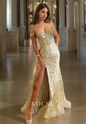 Off-Shoulder Sweetheart Sleeveless Stripe Sheath Formal Dress Sparkly Appliques Prom Dress with Slit