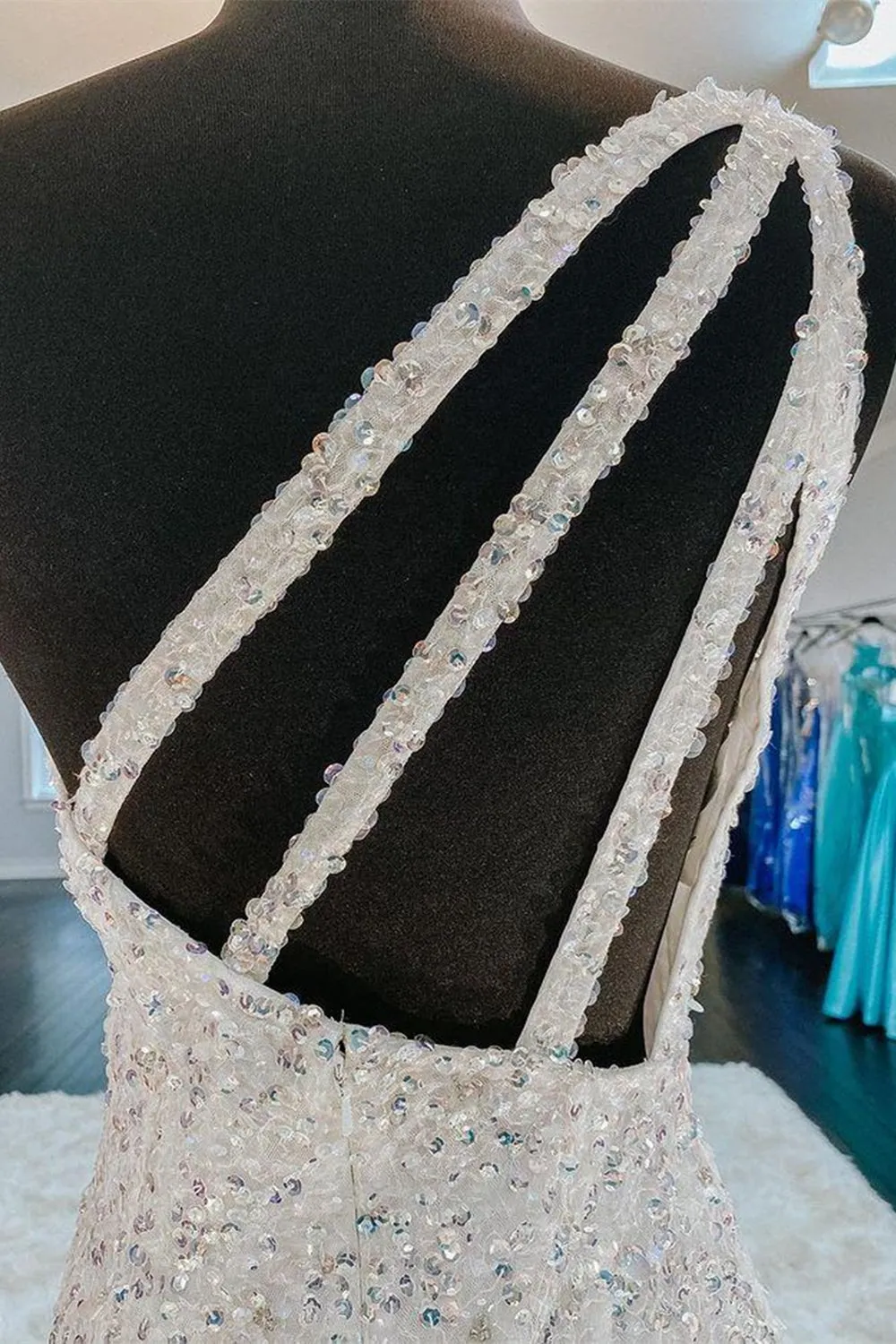 One Shoulder Mermaid Sequins Ivory Long Prom Dress Open Back Formal Dress,Sequins Sexy Evening Dresses