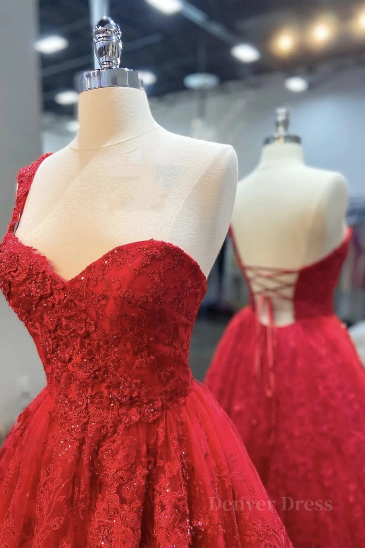 One Shoulder Open Back Red Lace Long Prom Dresses Sweetheart Neck Red Lace Formal Dresses Red Evening Dresses