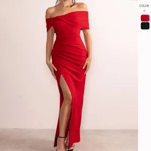 One-Shoulder Spicy Girl Short Sleeve Butterfly Knot and High Slit Dress