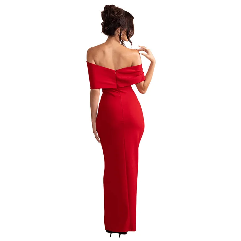 One-Shoulder Spicy Girl Short Sleeve Butterfly Knot and High Slit Dress